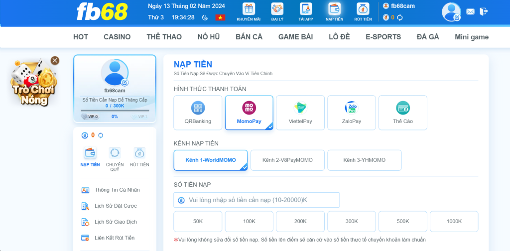 Hướng dẫn cách nạp tiền FB68 với các phương thức thanh toán khác nhau